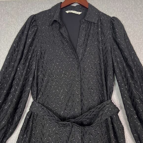 Zara Black Metallic Long Sleeve Shirt Midi Dress Size XS - Picture 3 of 9